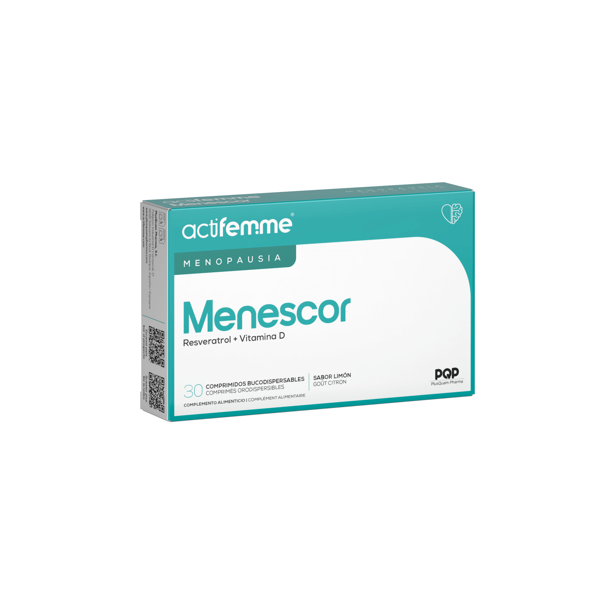 Actifemme Menescor complemento alimenticio, formulado con resveratrol y vitamina D3, diseñado específicamente para mujeres desde la perimenopausia hasta la posmenopausia
